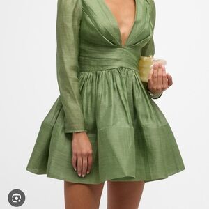 Zimmermann Olive Green Plunge Long-Sleeve Mini Dress